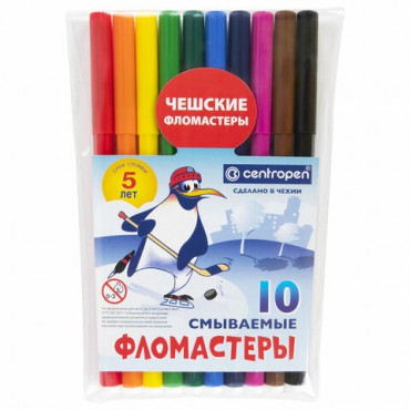 Фломастеры 10 ЦВЕТОВ CENTROPEN "Пингвины", смываемые, вентилируемый колпачок, 7790/10ET, 7 7790 1086