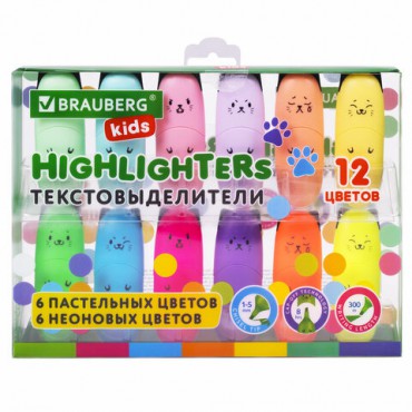 Набор текстовыделителей мини 12 ЦВЕТОВ BRAUBERG KIDS "CUTE CATS", линия 1-5 мм, 152437