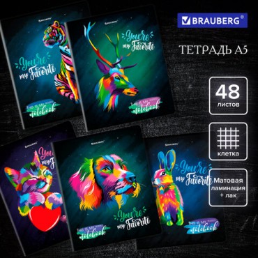 Тетрадь А5, 48 л., BRAUBERG, скоба, клетка, матовая ламинация, выборочный лак, "Animals Pop-Art" (микс в спайке), 404374