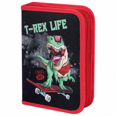 Пенал ПИФАГОР, 1 отделение, 2 откидные планки, полиэстер, 20х14 см, "T-Rex Life", 271513